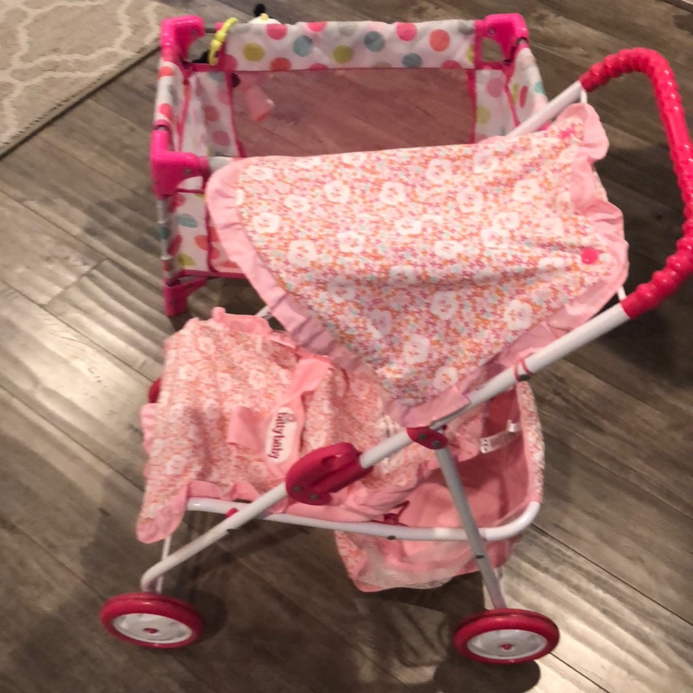 Baby doll push stroller, crib and baby car seat